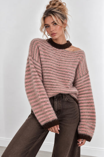 STRICKPULLOVER STRIPES CUTOUT - ROSA/COFFEE