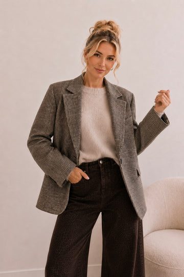 OVERSIZE STOFFBLAZER KARO - COFFEE/TAUPE