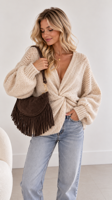 ECHTWILDLEDERTASCHE FRINGE - COFFEE