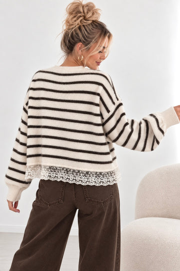 STRICKCARDIGAN LACE - CREME/COFFEE