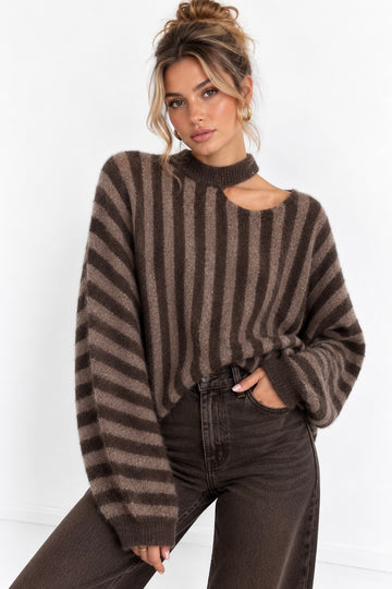 STRICKPULLOVER STRIPES CUTOUT - COFFEE