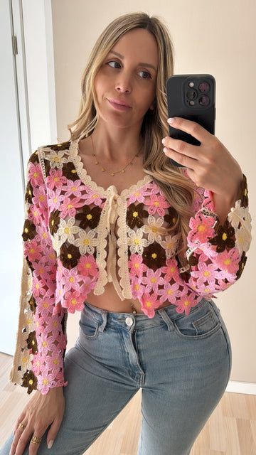 HÄKELCARDIGAN ELMA - ROSAPINK/CREME/COFFEE