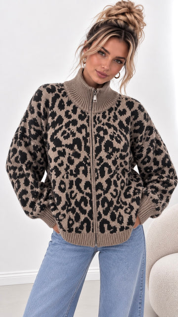 ZIPPERCARDIGAN LEO - TAUPE/SCHWARZ