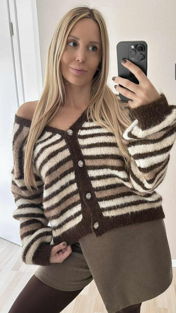 STREIFENCARDIGAN GLITTER - COFFEE/CREME