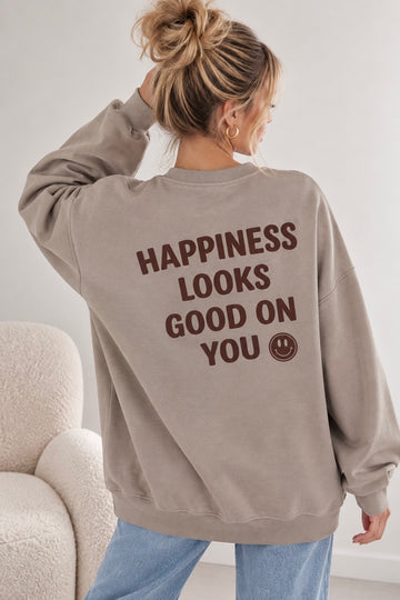 BAUMWOLLSWEATER SMILE - TAUPE/COFFEE