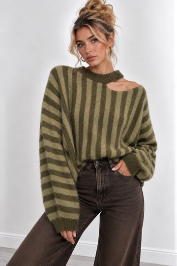 STRICKPULLOVER STRIPES CUTOUT - MATCHA