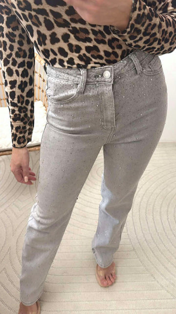 STRAIGHT STRETCH JEANS STRASS - HELLGRAU