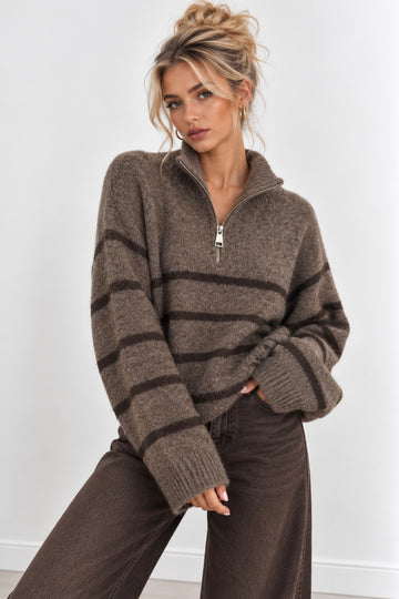 ZIPPERPULLOVER SHE - TAUPE/COFFEE