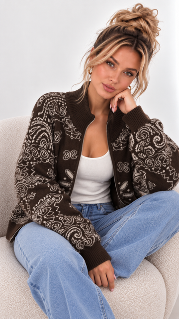 ZIPPERCARDIGAN PAISLEY - COFFEE