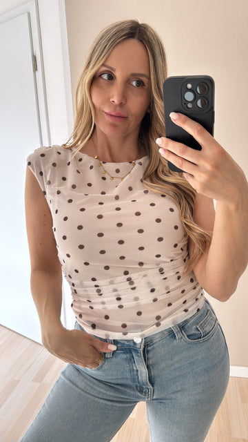 MESHBLUSENSHIRT DOTS - CREME/COFFEE