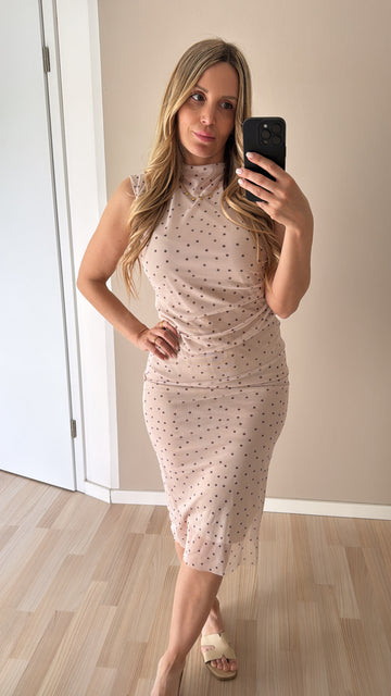 MESHLONGKLEID DOTS - CREME/COFFEE