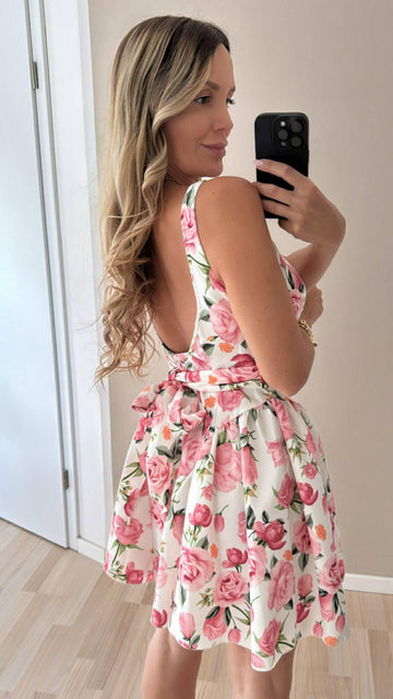 BALLONROCKKLEID FLORAL - WEISS/ROSA