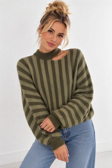 STRICKPULLOVER STRIPES CUTOUT - MATCHA
