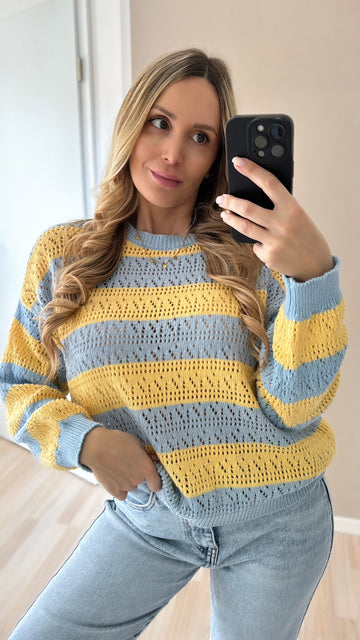 EINZELTEIL HÄKELSWEATER - BLAU/GELB