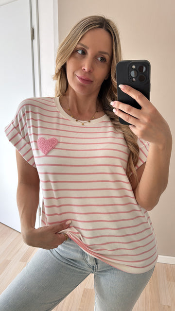 EINZELTEIL BAUMWOLLSHIRT TEDDYHERZ - WEISS/ROSA