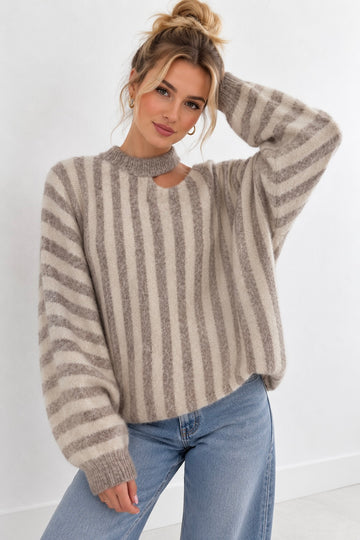 STRICKPULLOVER STRIPES CUTOUT - BEIGE