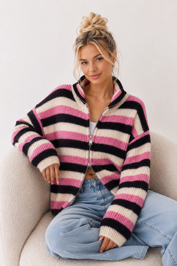 ZIPPERCARDIGAN LIONA - CREME/PINK/COFFEE