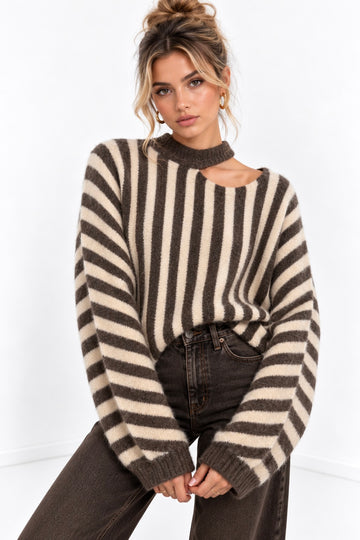 STRICKPULLOVER STRIPES CUTOUT - TAUPE
