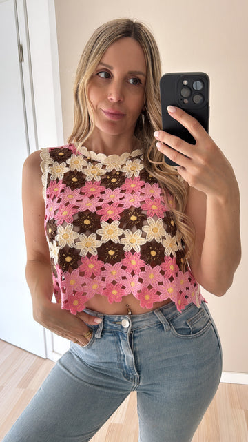 HÄKELTOP ELMA - ROSAPINK/CREME/COFFEE