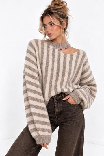 STRICKPULLOVER STRIPES CUTOUT - BEIGE