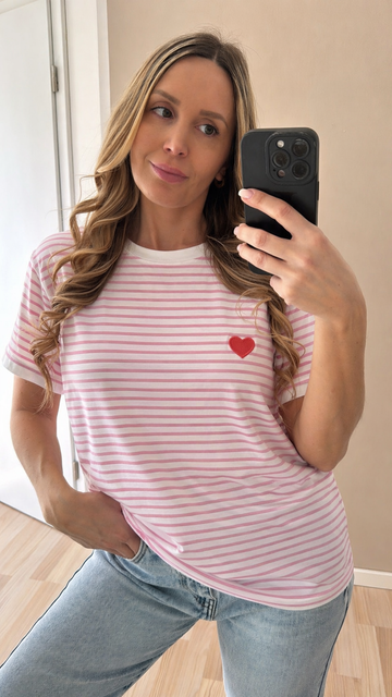 BAUMWOLLSHIRT HEARTSTRIPES - ROSA/WEISS