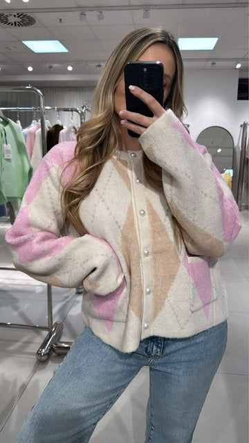 STRICKJACKE RAUTE - CREME/ROSA