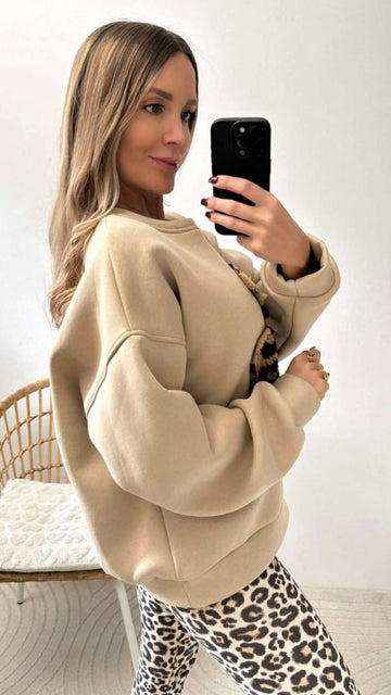 FLEECEHOODIE TED - BEIGE/LEO