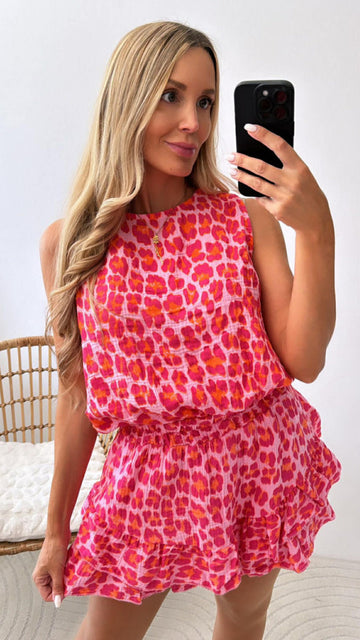 MUSSELINSKORT ELSA - PINK LEOPARD