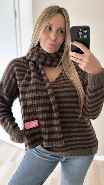 PULLOVER MIT SCHAL - COFFEE/TAUPE